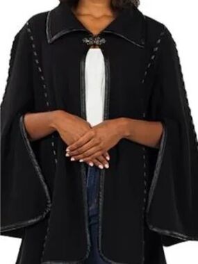 Patricia Nash Black Open-Front Cape with Decorative Trim